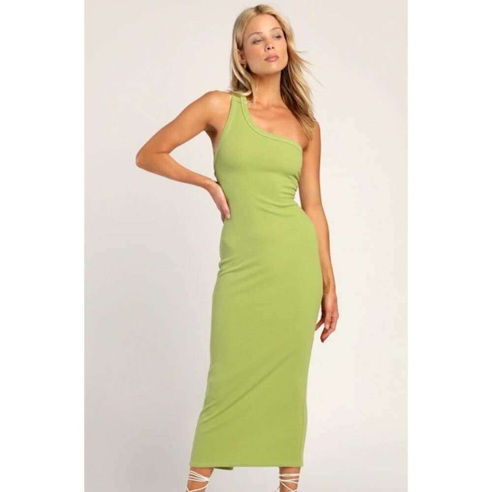 Lulus Show Stealer Lime Green One-Shoulder Asymmetrical Ribbed Maxi Dress SZ LG - Picture 9 of 10